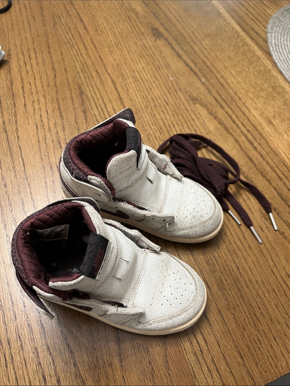 Nike Air Jordan 1 A Ma Maniere Kids White and Burgundy High-Top Sneakers 9C